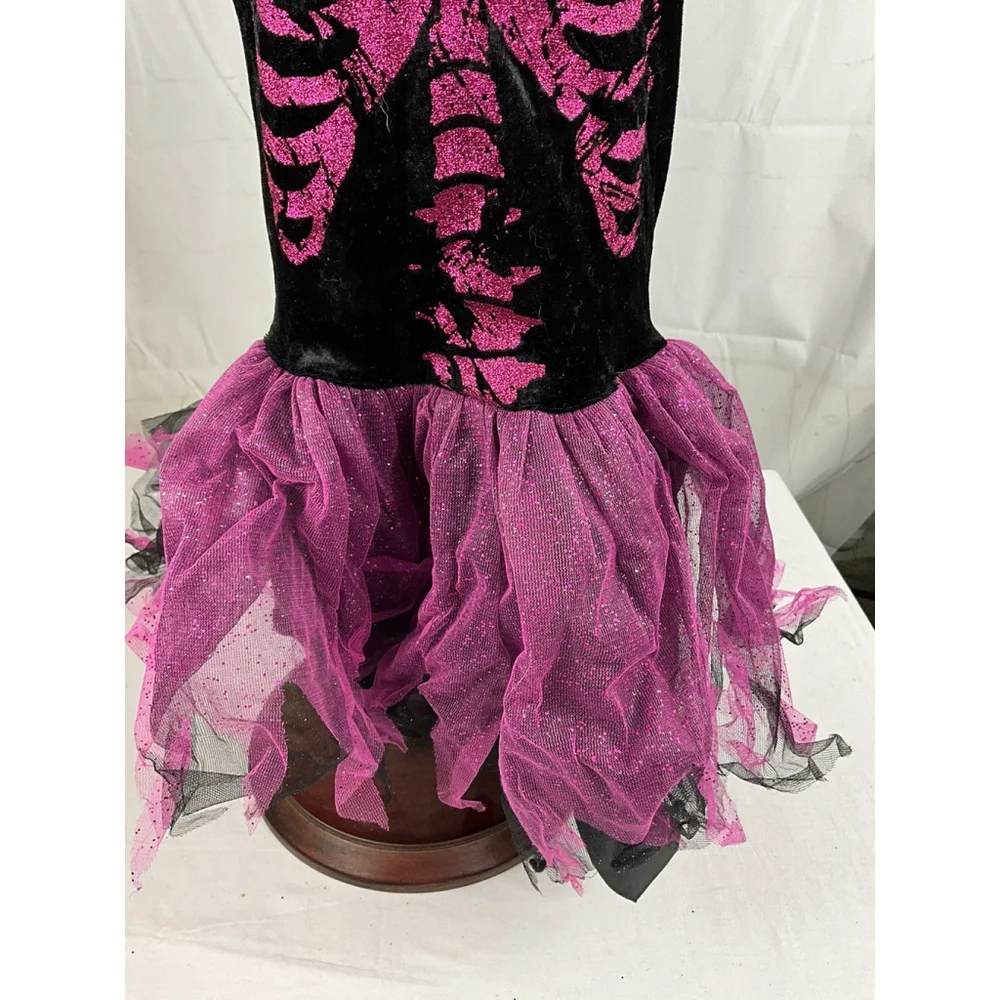 Halloween Costume Girl M 7-8 Pink Black Glitter Skeleton Dress Sleeve Tights Bow